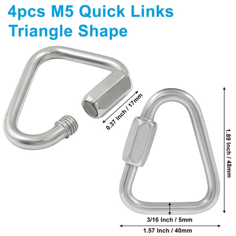 Four Pack 316 Stainless Steel Triangle Locking Quick Connectors Three Sixteenth Inch M5 Quick Links Heavy Duty Durable Chain Connectors With 716 Pounds Capacity For Secure Rigging Towing Lanyards And More, two triangle shaped quick links with dimensional details.