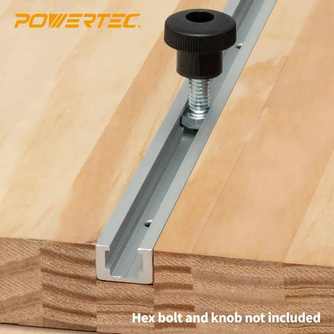 Close-up of Heavy Duty 48 Inch Aluminum T Track Set for woodworking on wooden surface with hex bolt.