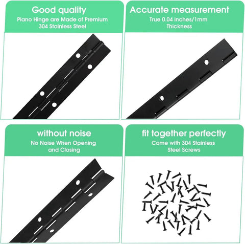 Heavy Duty Piano Hinges 4 Pack 12 Inches By 1.2 Inches Black Stainless Steel Workhorse Hardware with screws, close-up view.