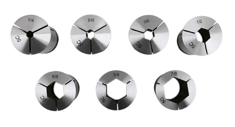 Seven Piece Five C Hex Collet Set One Quarter Inch To Seven Eighths Inch, precision hardened and ground, spring steel front view