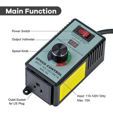 AC Motor Variable Speed Controller 120V 15A Max With LED Voltage Display showing speed knob and power switch