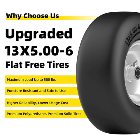 Flat Free 13x5.00-6 Lawn Mower Tire And Wheel Set No Flat Solid Front Tires For Zero Turn Mowers, side view showing specs