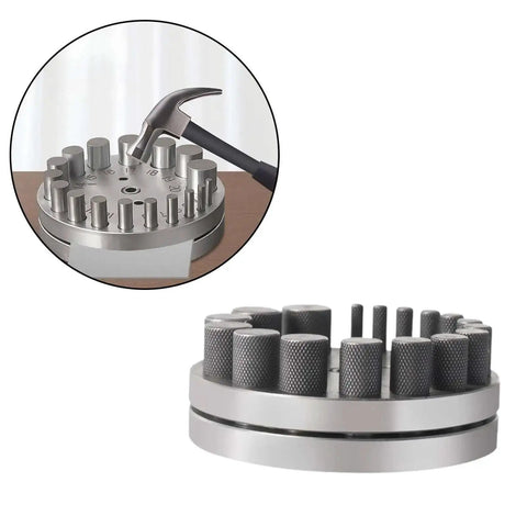 Circular Disc Cutter Set for metalworking with punch die kit on display, used for jewelry making, gaskets, and pendant projects.