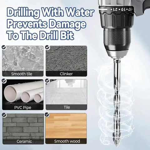 Six Piece Four Flute Sawtooth Eccentric Twist Drill Bit Set for Concrete Masonry and Multi Material Use Hex Shank Short Bits 4 5 6 8 10 12mm Carbide Tip and High Strength Alloy for Sharp Burr Free Drilling shown with drill and material options
