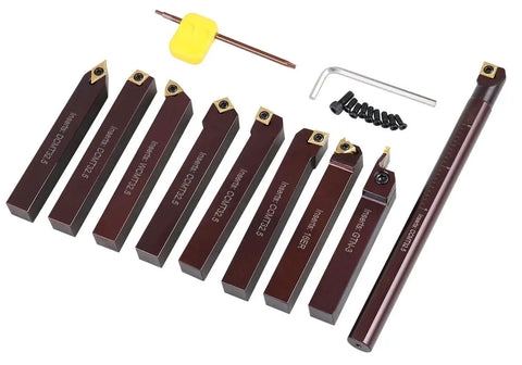 Five Eighth Inch Indexable Turning And Boring Tool Set With TiN Coated C6 Carbide Inserts For Steel And Cast Iron Built To Last Positive Rake Chipbreaker Design To Cut Fewer Chips And Lower Cutting Forces 9 Piece Kit 29880058 Accusize Industrial Tools