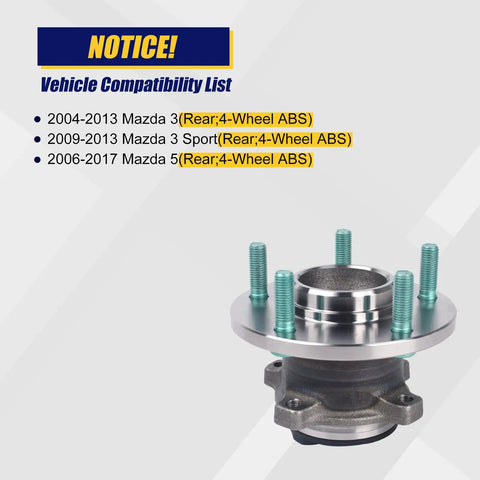 512347 Rear Wheel Bearing Hub Assembly For Mazda 3, Mazda 3 Sport, And Mazda 5 With 5-Lug And ABS - Easy Install