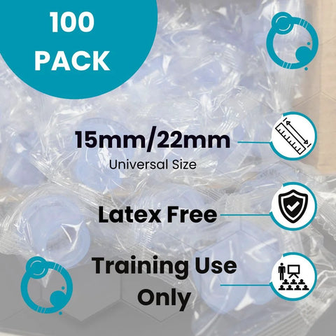 100-pack CPR training valve, universal 15mm/22mm, latex-free, training use only, Amazon.