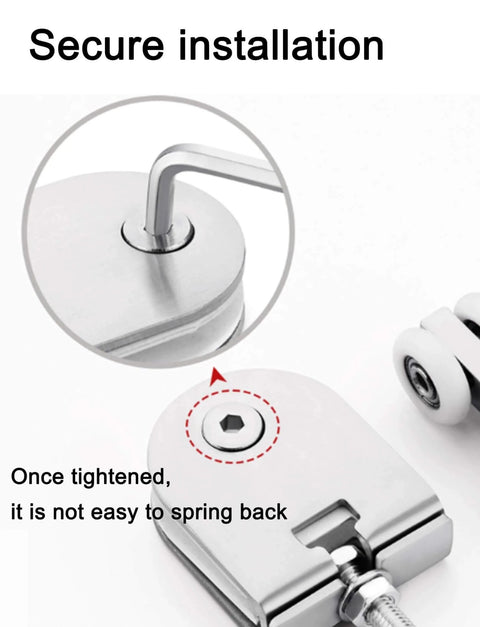 Frameless Sliding Glass Door Track Ceiling Mount Rail Hardware Kit In Aluminum with close-up of tightening mechanism.