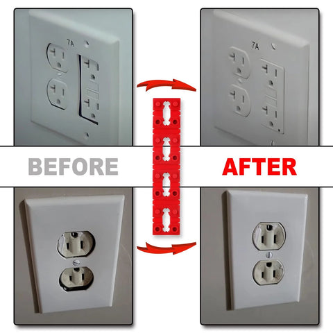 Before and after image of outlet using Outlet Spacers For Electrical Boxes 48 Piece Red Spacers Set For Switches And Receptacles Loose Outlet Fix Electrical Extender Shims Light Switch Spacers 12 Strips Of 4 Pieces Each In Home And Office Use.