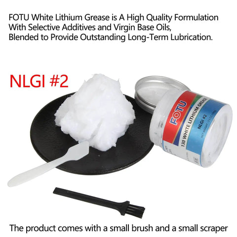 White Lithium Grease High Performance Lubricant For Bearings And Chains Keeps Garage Door Hinges And Window Tracks Quiet While Protecting Metal From Rust Long Lasting Formula 3.5 Oz 1 Pack, shown in open jar with brush and scraper on black dish.