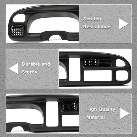 Dashboard Bezel Cover For Dodge Ram 1998 To 2002 Instrument Panel, black plastic, showing scratch resistance and durability features.