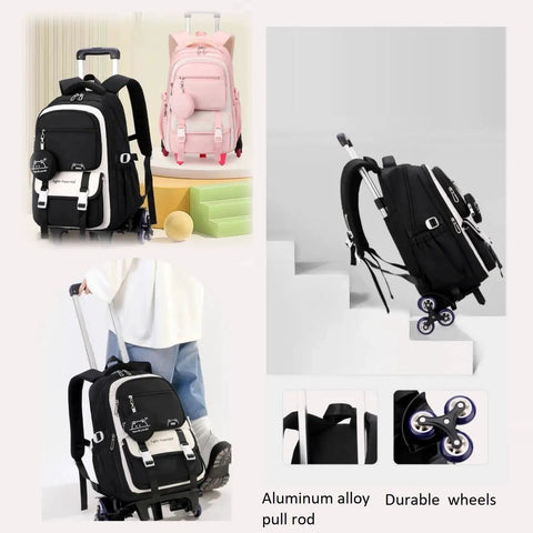 Kids Rolling Backpack With Wheels For School, black nylon trolley bookbag with telescopic handle and durable wheels