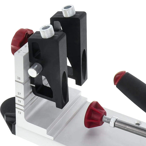 Close-up of Pocket Hole Jig 400 Self Clamping Kit With Adjustable Bushing Blocks And Two Three Eighths Drill Guides
