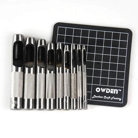 9 Piece Hollow Punch Set With Free Cutting Mat For Leatherwork, leather hole punch kit 1/8 to 1/2 inch, non slip handle, cutting mat shown