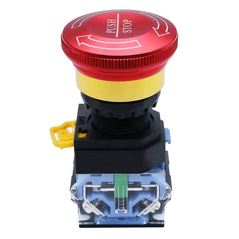 Front view of Beefy Metal Latching Emergency Stop Push Button Switch 22mm Panel Mount Aluminum Alloy Construction 1NO 1NC