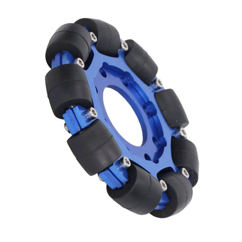Omni Wheel 4 Inch Aluminum Hub Omnidirectional Wheel For Robotics DIY Projects with durable silicone tread and blue finish