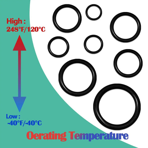 O-ring variety from Must-Have 1086-Piece SAE O Ring Assortment Kit showing operating temperature range from -40°F to 248°F.