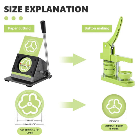 Illustration showing 1 Inch Button Cutter Circle Punch and pro-grade steel blade for precise button making.