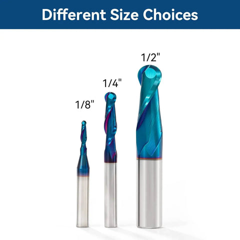 Three Pro Grade Carbide Ball Nose End Mills with Nano Blue Coating in different sizes. One Quarter Inch Shank One Eighth Inch Cutting Diameter.