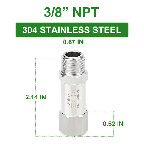 TAISHER 304 stainless steel check valve, 3/8 NPT male to 3/8 NPT female, backflow prevention
