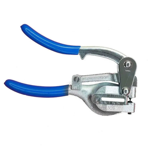 Beefy Heavy Duty Metal Punch Plier with Compound Action, Hardened Dies, visible punch sizes, blue handles, handles up to 16 gauge