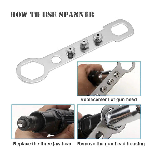 Pop Rivet Gun Adapter Kit For Cordless Drill with spanner and interchangeable heads instruction overview