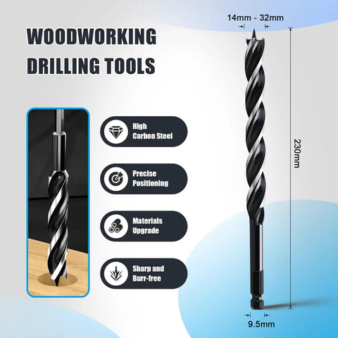 1 Inch By 9 Inch Auger Drill Bit For Wood With Hex Shank Pro Grade Tri Flute Design and specs highlighting 1045 steel.