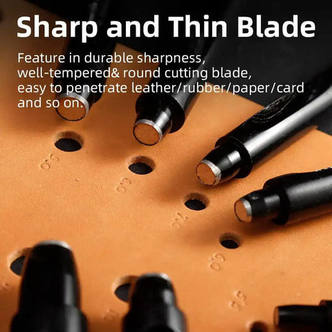 Round Hole Punch Set For Leather, Watch Bands, Belts, And Crafting, Pro Grade Heavy Duty Steel Hollow Punches close-up on leather