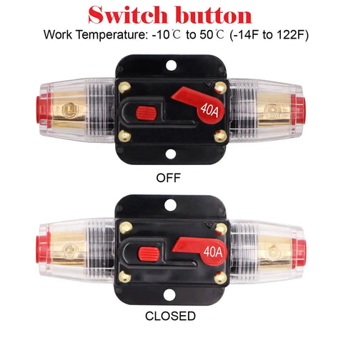 40 Amp Inline Circuit Breaker With Manual Reset Fuse Holder, showing switch button in off and closed positions, temperature range