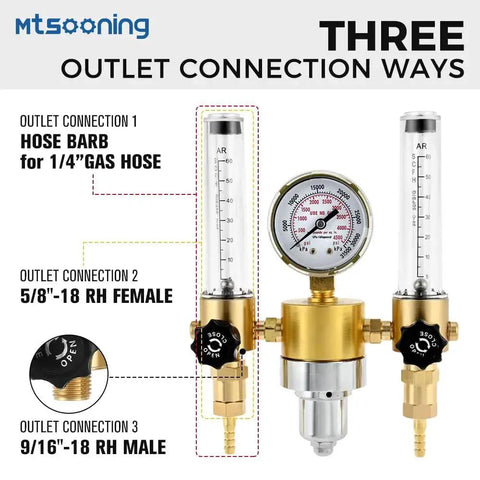 Dual Output Argon Regulator with Flow Meter for MIG TIG Welding 0-60 CFH showcasing three outlet connections.