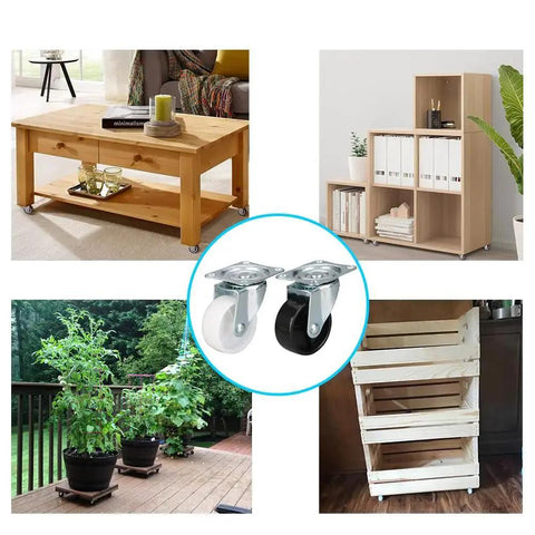 1 Inch Castor Wheels Set of 4 for Furniture and Carts with top plate and bearing, shown on furniture and garden items.