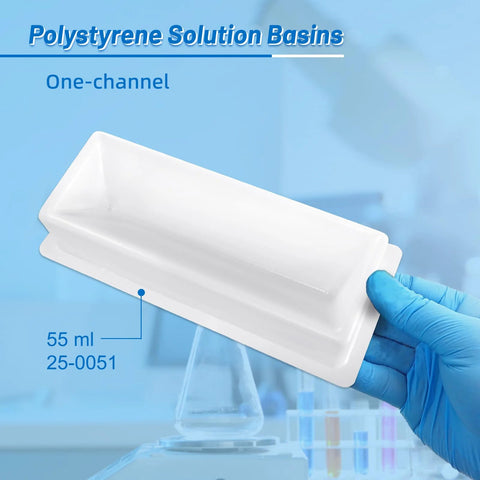 55 ml polystyrene one-channel solution basin, white, held by gloved hand