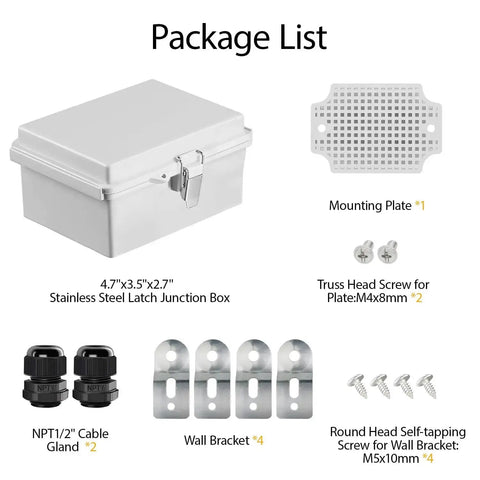 Package list with rugged IP67 waterproof electrical junction box, SS latch, ABS enclosure, mounting plate, wall brackets, cable glands