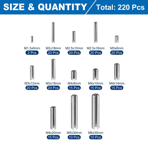 Roll Pin Set 220 Piece Slotted Spring Pins 304 Stainless Steel sizes from M1.5x6mm to M6x30mm shown in quantity