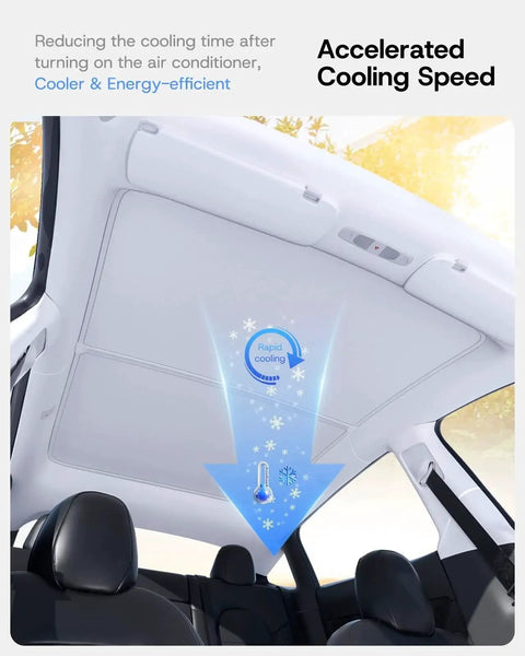 Magnetic Sun Shade Roof For Tesla Model Y 2020 To 2024 With Ice Crystal Coating installed view inside car.