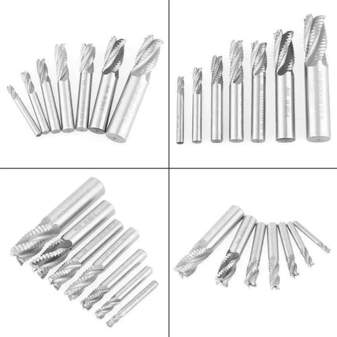 Roughing End Mill Set For Metalworking, 7 Pieces, HSS CNC Milling Cutter With 4 Flutes displayed from multiple angles