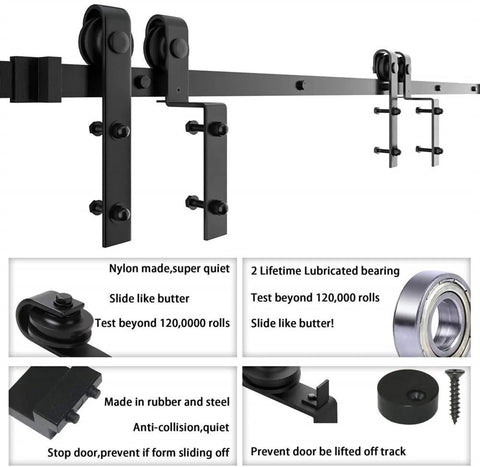 Heavy Duty Sliding Barn Door Hardware Kit With Single Track Bypass For Double Doors, Flat Black 183Cm Track, Carbon Steel