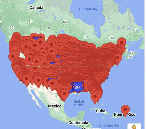 Map showing locations across the USA and Puerto Rico marked with red pins, indicating widespread coverage.
