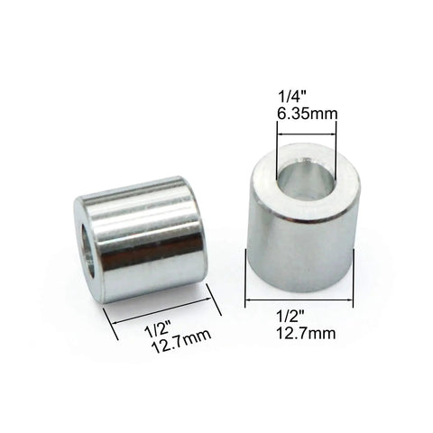 Durable 6061 aluminum spacers provide a smooth bearing surface for rotary applications, featuring half inch outer diameter, close-up view.