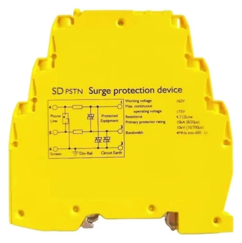 Industrial Surge Protection Device SDPSTN 20kA Surge Protector for Signal Lines, yellow unit with circuit diagram visible