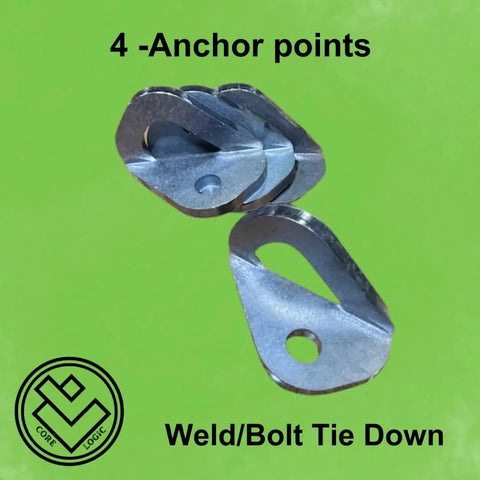 Heavy Duty Tie Down Anchors Set Of Four for weld or bolt installation, featuring steel construction with a 3/8in hole, shown on a green background.