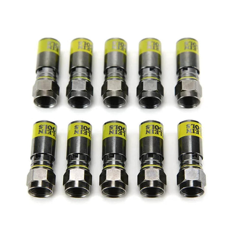 Professional grade 10 pack of Fast Install F Connector For RG6 Coax With Universal Sleeve Compression Technology That Clips On Five Times Faster No Fuss, Universal Compatibility With RG6 And RG6Q, Klein Tools VDV812606 Compatible.