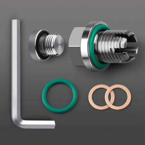 Oversize Piggyback M14.1-1.5 x 15mm Stainless Steel Oil Drain Plug Kit For Oil Pan Thread Repair Self-Tapping, components displayed