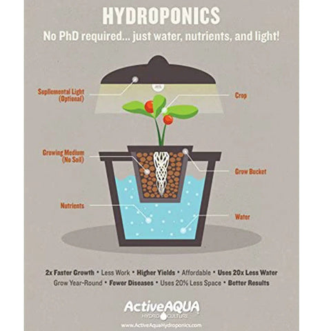 Hydrofarm AAPW1000 submersible water pump diagram for hydroponics; plant in bucket with water and nutrients