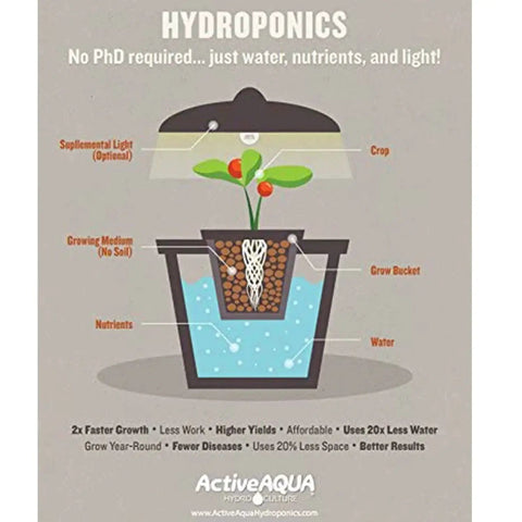 Diagram of a hydroponics system showing water, nutrients, grow medium, grow bucket, crop, and optional supplemental light.