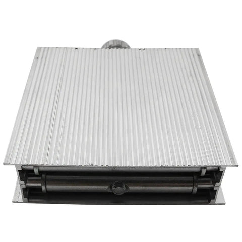 Front view of 90mm adjustable aluminum lifting platform with ribbed surface and scissor mechanism.