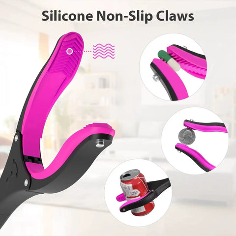 Close-up of pink 36 Inch Foldable Grabber Reacher Tool With 360 Degree Rotating Jaw And Two Magnets for easy item pickup.