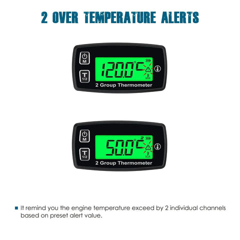 Dual Channel Engine Temperature Gauge With Backlit LCD And Overheat Alerts showing two temperature readings on a digital screen