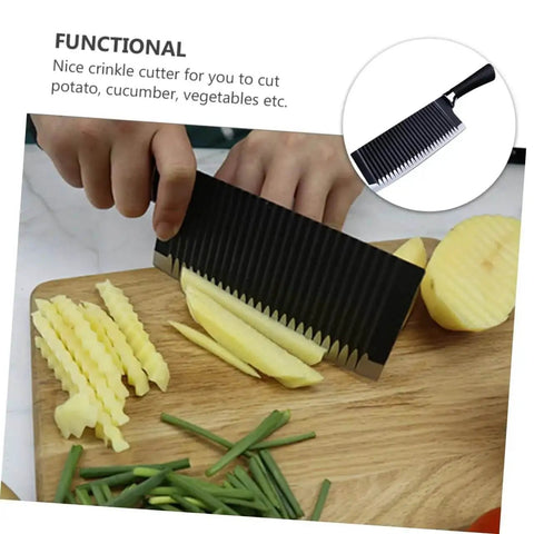 Hands using Wavy Cutter For Vegetables And Fruits Stainless Steel Crinkle Slicer Cuts Potatoes Carrots Onions Cheese And More