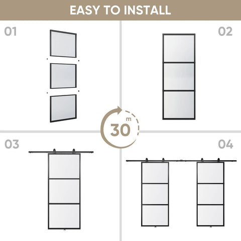 Double Barn Door Set 72 By 84 Inches With 12 Ft Hardware Kit And Soft Close Clear Tempered Glass Panels 36x84 In Each assembly steps